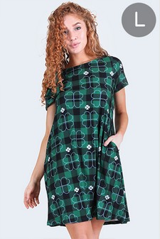 Women's Plaid Clover Print Dress with Pockets (Large only)