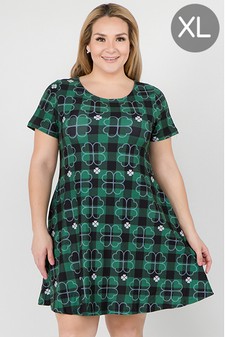 Women's Plaid Clover Print Dress with Pockets (XL only)