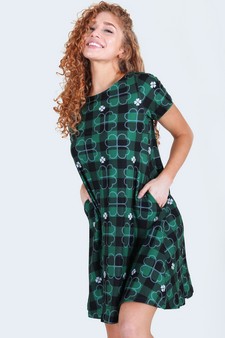 Women's Plaid Clover Print Dress with Pockets