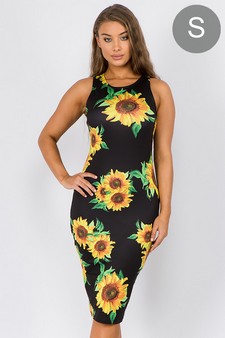 Women's Crew Neck Sunflower Bodycon Midi Dress (Small only)