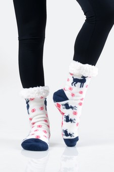 Women's Non-slip Faux Sherpa Santa's Reindeer Christmas Slipper Socks