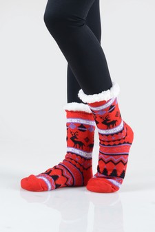 Women's Non-slip Faux Sherpa Reindeer Argyle Christmas Slipper Socks