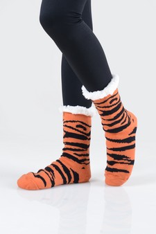 Women's Non-slip Faux Sherpa Tiger Striped Christmas Slipper Socks