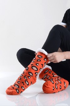 Women's Non-slip Cheetah Print Faux Sherpa Christmas Slipper Socks