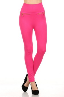 Fleece Leggings in Solid Color with 2 gold zippers & seams on Front.