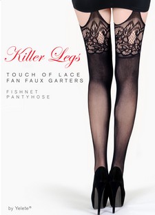 KILLER LEGS Ladies Touch Of Lace Fan Faux Garters Fishnet Pantyhose style 2