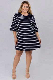 Women's Ruffled 3/4 Sleeve Striped Dress - Plus size style 4