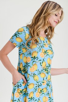 Women's Blue Lemon Print Fit And Flare Dress style 2