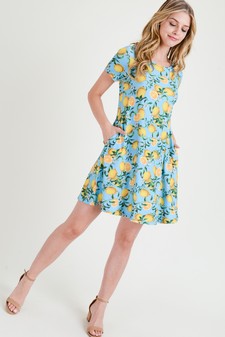 Women's Blue Lemon Print Fit And Flare Dress style 6
