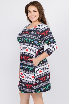 Women's Fair Isle Reindeer Print A-Line Dress (XXL only) style 2