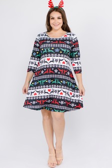 Women's Fair Isle Reindeer Print A-Line Dress (XXL only) style 4