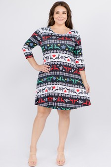 Women's Fair Isle Reindeer Print A-Line Dress style 4