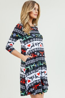 Women's Fair Isle Reindeer Print A-Line Dress style 2
