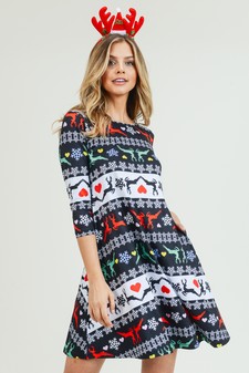 Women's Fair Isle Reindeer Print A-Line Dress style 6