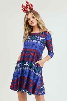 Women's Fair Isle Reindeer Print A-Line Dress style 7