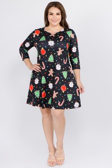 Women's Gingerbread Cookie Print A-Line Dress style 2