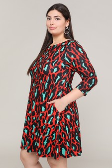 Women's Green/Red Leopard Print A-Line Dress style 2