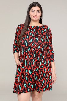 Women's Green/Red Leopard Print A-Line Dress style 4