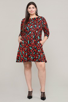 Women's Green/Red Leopard Print A-Line Dress style 5