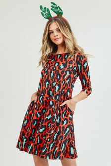 Women's Green/Red Leopard Print A-Line Dress style 7