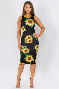 Women's Crew Neck Sunflower Bodycon Midi Dress style 4