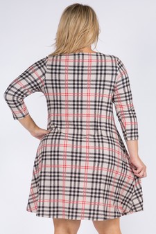 Women's Plaid 3/4 Sleeve A-Line Dress (XL only) style 2