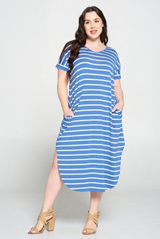 Women's Striped Curved Hem Midi Dress with Pockets style 3
