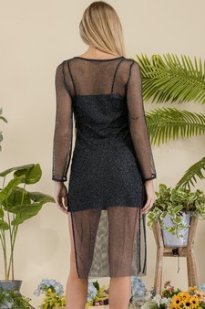 Women’s Sheer Shimmer Fishnet Long Sleeves Slits Dress style 3