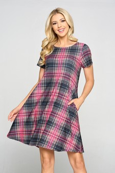 Women's Plaid Short Sleeve A-Line Dress style 4