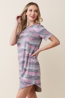 Women's Camo Print Curve Lined T Shirt Dress style 2