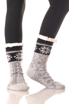 Women's Non Slip Diamond Pattern Faux Sherpa Lined Slipper Sock style 7