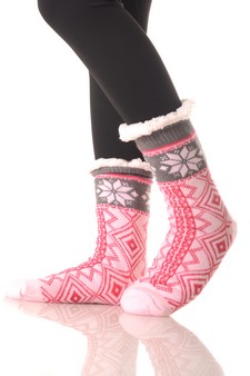 Women's Non Slip Diamond Pattern Faux Sherpa Lined Slipper Sock style 8
