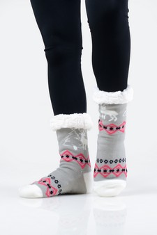 Women's Non-slip Faux Sherpa Santa's Reindeer Christmas Slipper Socks style 10