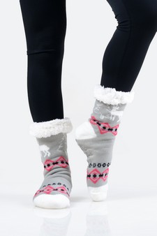 Women's Non-slip Faux Sherpa Santa's Reindeer Christmas Slipper Socks style 11