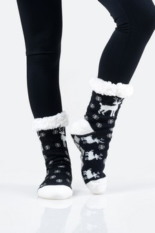 Women's Non-slip Faux Sherpa Santa's Reindeer Christmas Slipper Socks style 14
