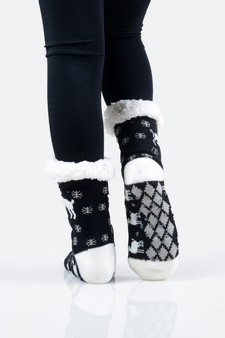 Women's Non-slip Faux Sherpa Santa's Reindeer Christmas Slipper Socks style 15