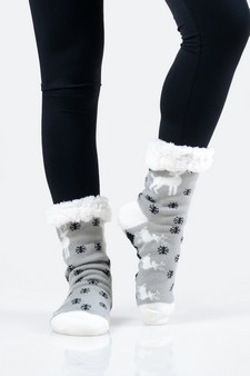Women's Non-slip Faux Sherpa Santa's Reindeer Christmas Slipper Socks style 17
