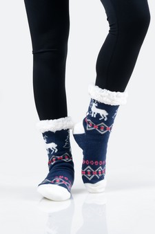 Women's Non-slip Faux Sherpa Santa's Reindeer Christmas Slipper Socks style 5