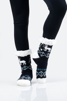 Women's Non-slip Faux Sherpa Santa's Reindeer Christmas Slipper Socks style 8