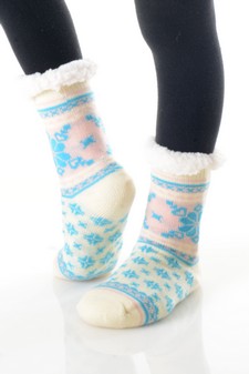 Girls Non-slip Faux Sherpa Winter Snowflake Pattern Slipper Socks style 3