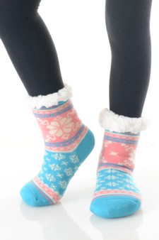 Girls Non-slip Faux Sherpa Winter Snowflake Pattern Slipper Socks style 4