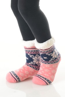 Girls Non-slip Faux Sherpa Winter Snowflake Pattern Slipper Socks style 7