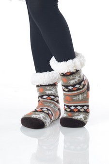 Kid's Non-slip Faux Sherpa Fair Isle Reindeer Slipper Socks style 10
