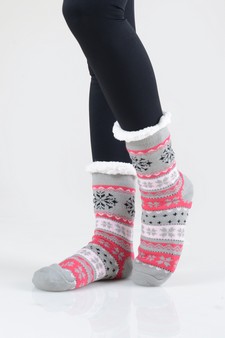 Women's Non-slip Faux Sherpa Snowflake Argyle Slipper Socks style 12