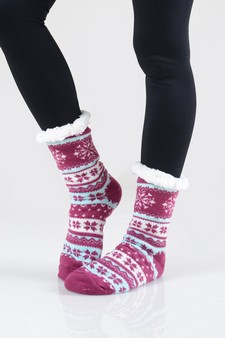 Women's Non-slip Faux Sherpa Snowflake Argyle Slipper Socks style 3