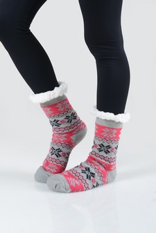 Women's Non-slip Faux Sherpa Winter Snowflake Slipper Socks style 12