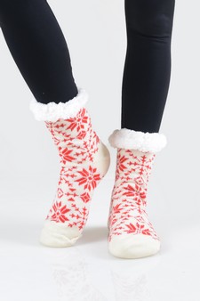 Women's Non-slip Faux Sherpa Rowan Snowflake Slipper Socks style 10