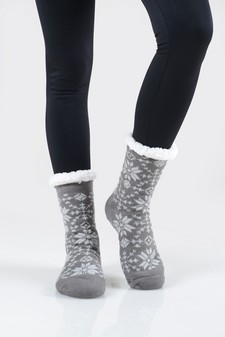 Women's Non-slip Faux Sherpa Rowan Snowflake Slipper Socks style 16