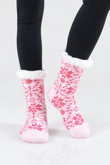 Women's Non-slip Faux Sherpa Rowan Snowflake Slipper Socks style 4