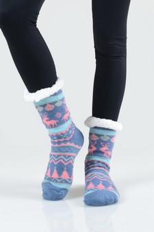 Women's Non-slip Faux Sherpa Reindeer Argyle Christmas Slipper Socks style 11